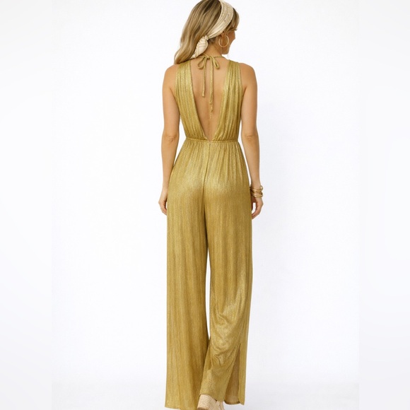 ✨Vintage Gold Metallic Wide Leg Jumpsuit | Plunge V Neck/ Boho Disco - Picture 2 of 4